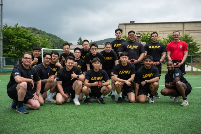 U.S. Soldiers and Korean Augmentation to the U.S. Army (KATUSA) Soldiers assigned to Headquarters and Headquarters Company, U.S. Army Garrison Yongsan-Casey and 55th Military Police Detachment pose for a group photo during the 2025 KATUSA...