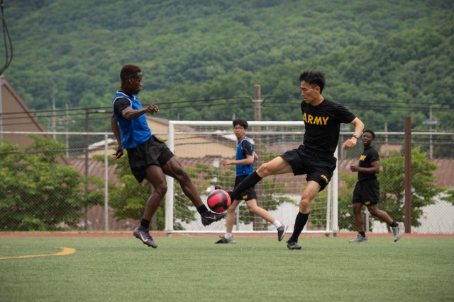U.S. Soldiers and Korean Augmentation to the U.S. Army (KATUSA) Soldiers compete in a soccer game during the 2025 KATUSA Friendship Week at Camp Casey, South Korea, June 10, 2025. KATUSA Friendship Week is an annual event celebrating the unique...