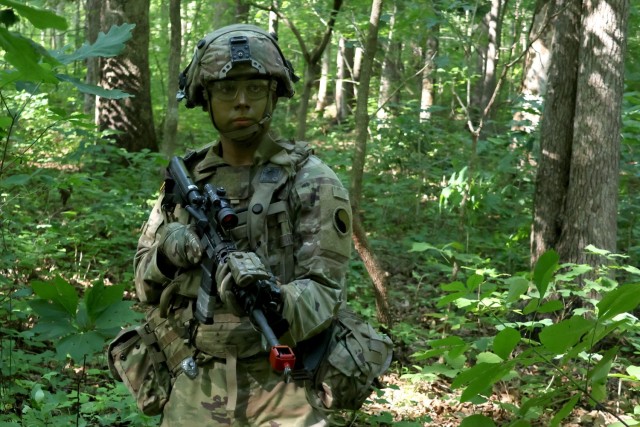 Virginia National Guard Soldiers assigned to the Bedford-based Alpha Company, 3rd Battalion, 116th Infantry Regiment, 116th Infantry Brigade Combat Team conduct a movement to contact situational training lane June 9, 2025, at Fort Pickett,...