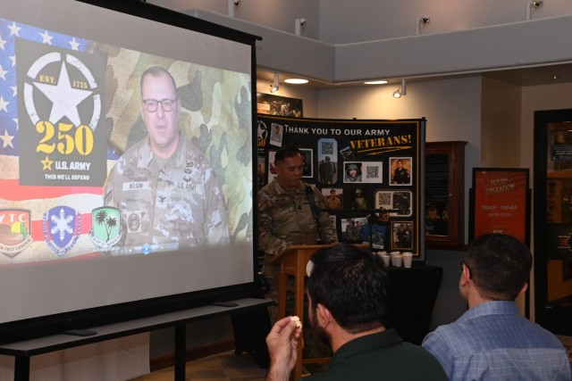 U.S. Army Yuma Proving Ground (YPG) Command Sgt. Maj. Mark Millare speaks at the debut of a YPG history video created by the post’s public affairs office on June 9, 2025. The video originated from an idea from post commander Col. John Nelson,...