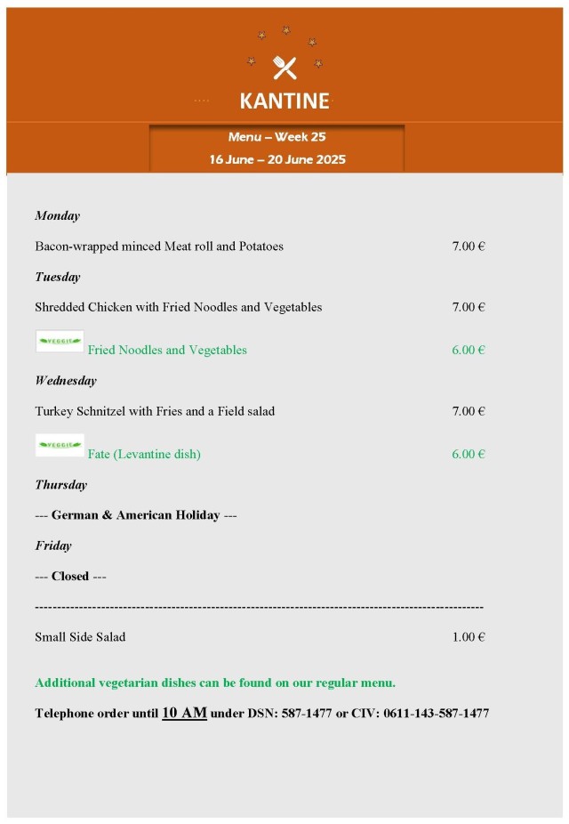 Kantine menu: 16-20 June 2025