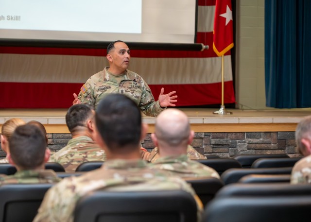 Maneuver Support Center of Excellence and Fort Leonard Wood Command Sgt. Maj. Jorge Arzabala welcomes attendees to the MSCoE town hall style meeting June 11 in Baker Theater.