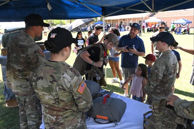Soldiers from the elite Airborne Test Force at U.S. Army Yuma Proving Ground interact with crowds at the 250th Army Birthday celebration at Colorado River State Historic Park on June 14, 2025.
