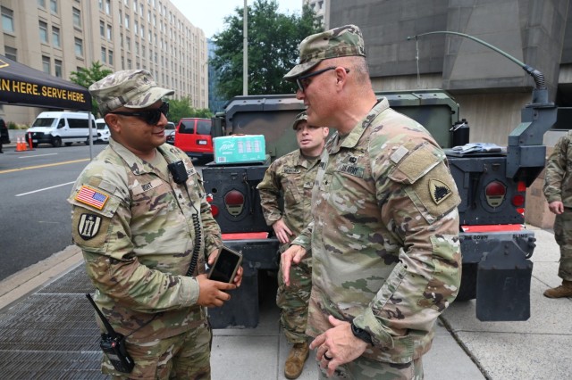 Brig. Gen. Leland D. Blanchard II, the Adjutant General (TAG) for the D.C. National Guard, speaks to Soldiers on mission during the 250th Army Birthday Festival and Parade in Washington, DC, on June 14, 2025. More than 800 National Guard members...