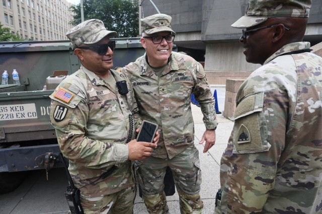 Brig. Gen. Leland D. Blanchard II, the Adjutant General (TAG) for the D.C. National Guard, speaks to Soldiers on mission during the 250th Army Birthday Festival and Parade in Washington, DC, on June 14, 2025. More than 800 National Guard members...