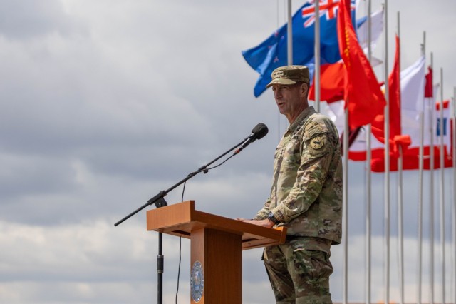 U.S. Army Lt. Gen. Joel “JB” B. Vowell the Deputy Commanding General of United States Army Pacific, gives opening remarks, during the opening ceremony of Khaan Quest 2025 on June 14, 2025, at Five Hills Training Area, Mongolia. Khaan Quest is...