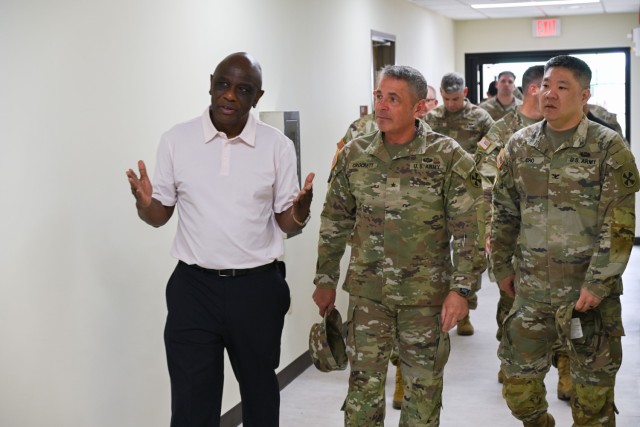 U.S. Army Brig. Gen. Sean Crockett, Acting Commander, Eighth Army, walks through the Rotational Stryker Brigade Headquarters building shortly after a ribbon cutting ceremony held on Camp Hovey, June 16, 2025. The building received a $2.2 million...