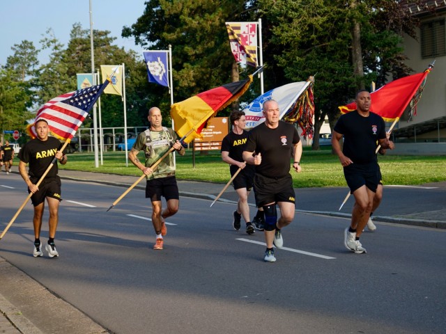 A formation of U.S. Army Soldiers, assigned tenant units stationed at U.S. Army Garrison Wiesbaden, participate in a post run held in honor of the U.S. Army’s 250th anniversary, organized by the garrison on Lucius D. Clay Kaserne, Wiesbaden,...