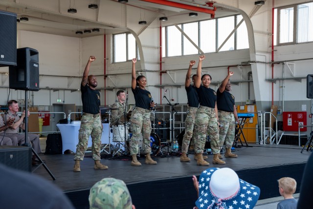 U.S. Army Soldiers with the U.S. Army Europe and Africa Band & Chorus perform during an opening ceremony of a family fest held in honor of the U.S. Army’s 250th anniversary, organized by U.S. Army Garrison Wiesbaden, on Lucius D. Clay Kaserne,...