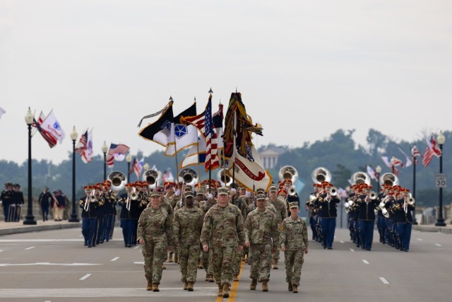 U.S. Army soldiers merge to the starting point of The U.S. Army 250th Birthday Parade on Saturday, June 14, 2025, in Washington, D.C. (U.S. Army photo by Sgt. 1st Class Rachel Minto)