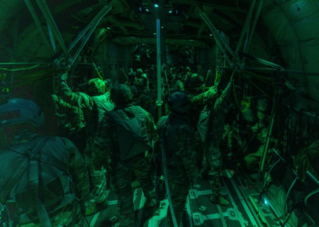 U.S. Army Paratroopers assigned to 2nd Brigade Combat Team, 82nd Airborne Division, exit a C-130J Super Hercules during the Joint Forcible Entry Airborne Operation at the Joint Readiness Training Center, Fort Johnson, Louisiana, March 21, 2025....