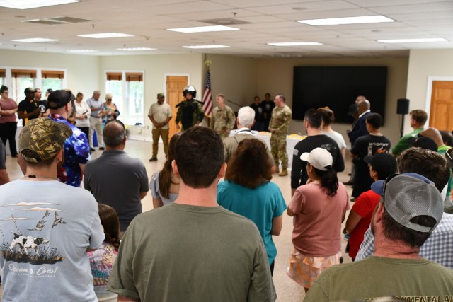 LTC Matthew Bauer addresses the attendees at the Army 250th Birthday celebration at Fort A.P. Hill
