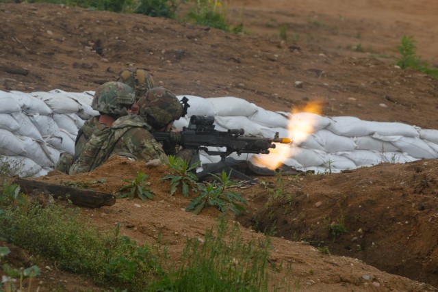 U.S. Army soldiers assigned to Charlie Company, 1st Battalion, 125th Infantry Regiment, Michigan Army National Guard, suppress fire during Exercise Baltic Viking near Alūksne, Latvia, June 8, 2025. Soldiers established firing positions and...