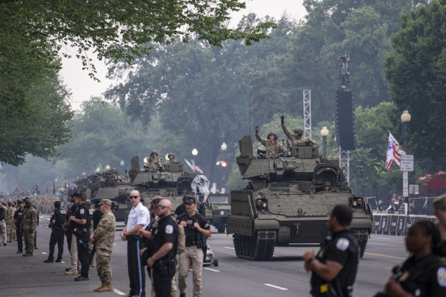 U.S. Army Soldiers riding in Stryker armored vehicles participate in the Army’s 250th Birthday Parade in Washington, D.C., June 14, 2025. The parade featured approximately 6,700 Soldiers, 150 vehicles—including M1A2 Abrams tanks and Stryker's...