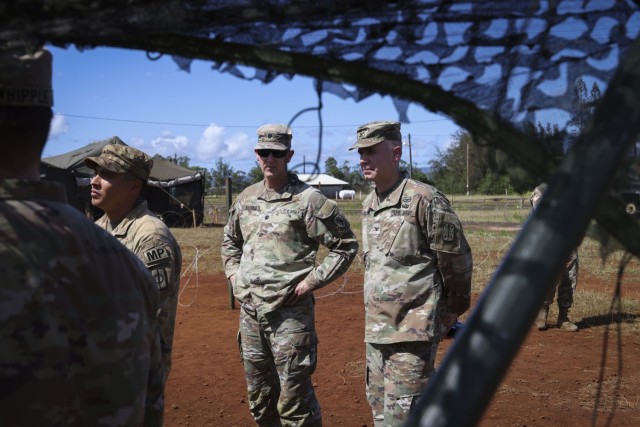 U.S. Army Col. Shawn C. Callahan, 500th Military Intelligence Brigade-Theater Commander and Lt. Col. James Nichols, Western Army Reserve Intel Support Center Commander, oversee exercise Pele Strike at Schofield Barracks, Hawaii. Pele Strike is an...