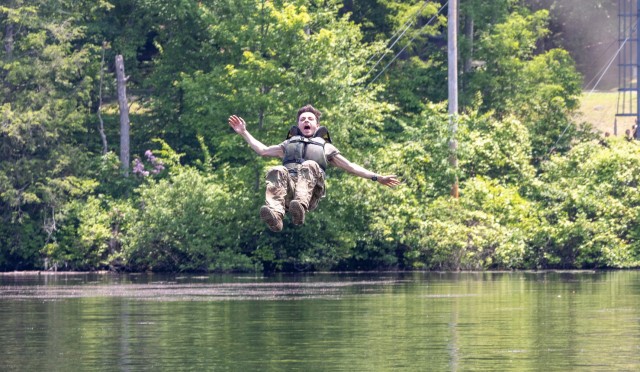 Cadet Field Training I cadets continued to build their strengths and confidence by conquering the Water Confidence Course and the Marne Confidence Course on June 5 at each location in Camp Buckner.