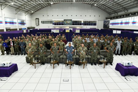 U.S. and Malaysian Armed Forces service members pose for a group photo during the Bersama Warrior 25 opening ceremony at the Joint Warfighting Center, Kuantan, Malaysia, June 17, 2025. Bersama Warrior is an annual, bilateral joint exercise...