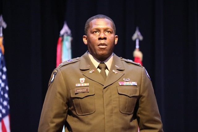 Col. Glenroy Haskins stands at attention during the change of command ceremony.