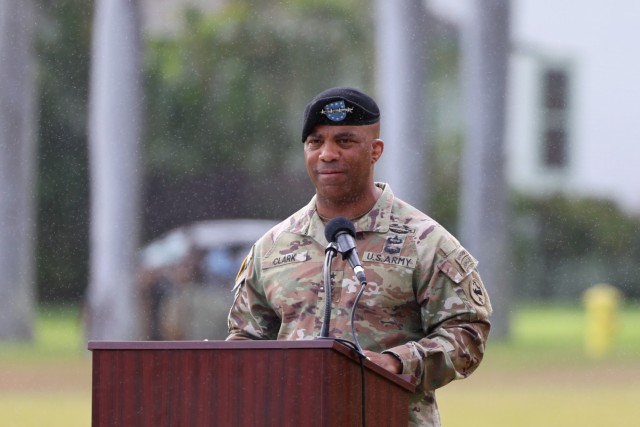 Gen. Ronald P. Clark, commanding general of U.S. Army Pacific, presides over the 3d Multi-Domain Task Force change of command ceremony on historic Palm Circle at Fort Shafter, Hawaii, June 18, 2025. (U.S. Army photo by Sgt. Perla Alfaro)