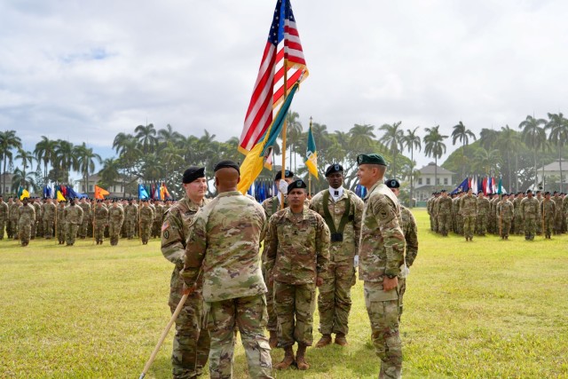 The 3d Multi-Domain Task Force conducts a change of command ceremony on historic Palm Circle at Fort Shafter, Hawaii, June 18, 2025, marking the formal transition of leadership from Brig. Gen. Michael