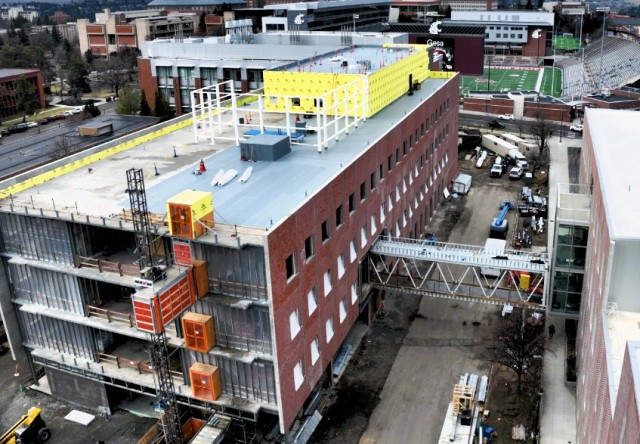 The Plant Sciences Building exterior (January 2025) shows the project's central location, as it also sits across the street from Washington State University's Martin Stadium.