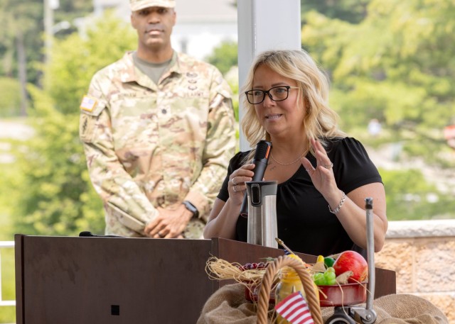 PICATINNY ARSENAL, N.J. - Amy Gopel, Picatinny Arsenal’s Alcohol and Substance Abuse Program Manager and Employee Assistance Program (EAP) Coordinator, speaks as officials here welcomed ‘Produce Pete’ as part of the northern New Jersey U.S....