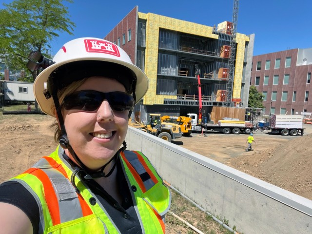 Katlyn Struxness, USACE Seattle District project engineer, poses in front the Plant Sciences Building during a routine project site visit, June 11, 2025.