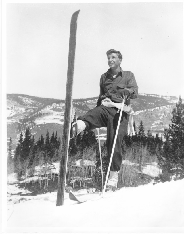Pfc. George Morrison Jr. practices a kick turn near his barracks at Camp Hale, Colorado, in April 1943. (Photo courtesy of the Morrison family)
