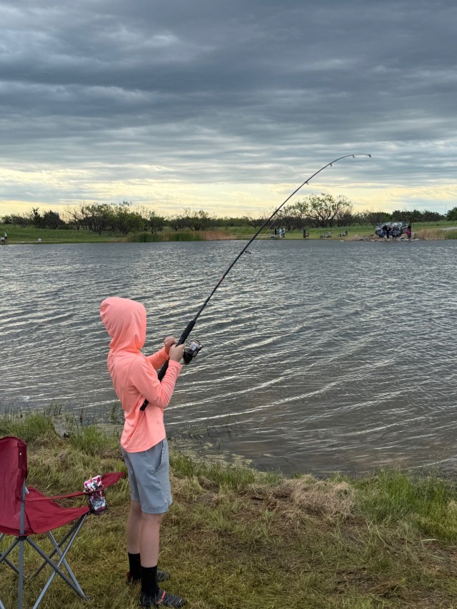 Jett Zurenda casts his fishing pole at Fort Sill’s 39th annual Kids Fishing Derby.
