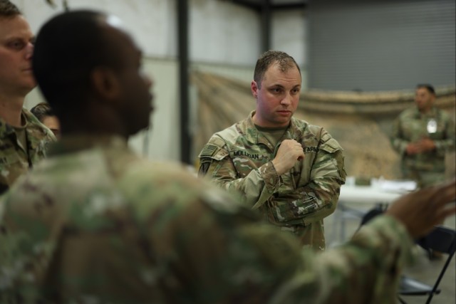 U.S. Army Maj. Michael Mulligan, III Armored Corps future operations planner conducts planning during Warfighter Exercise 25-4