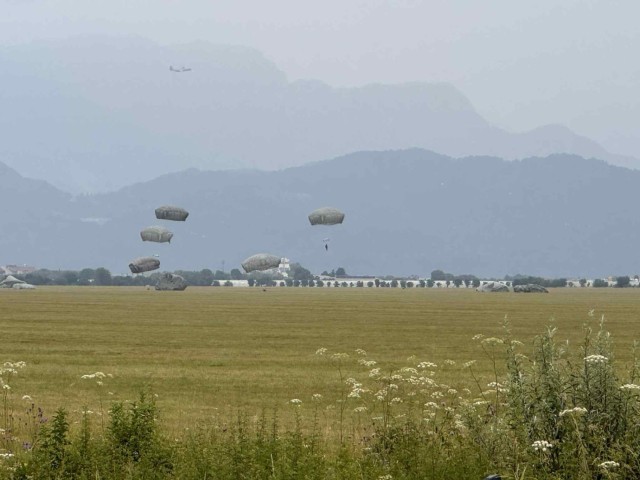 AVIANO AIR BASE, Italy – Paratroopers from 1st Battalion, 503rd Infantry Regiment descend over Juliet drop zone near Aviano Air Base June 23, 2025.