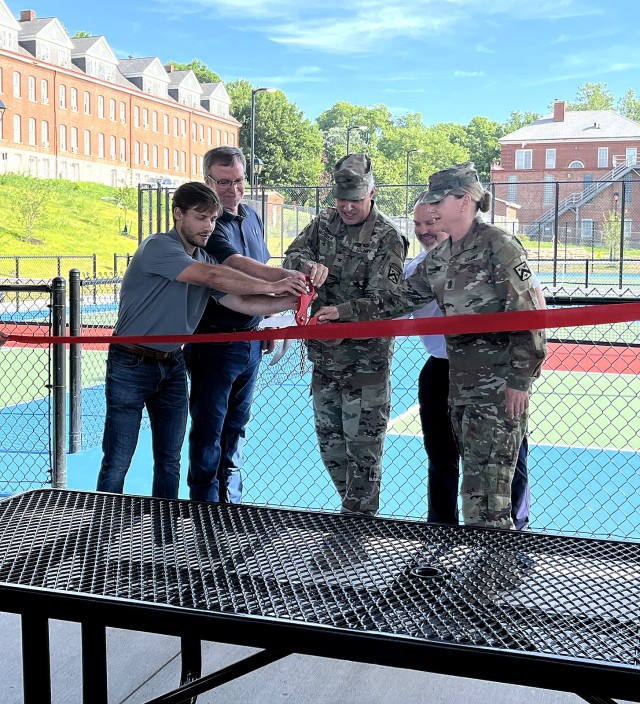 Project Manager Tristan Aycock, ACI Build Group; Project Manager David Lutgen, Design Branch, Engineering Division, Directorate of Public Works; Fort Leavenworth Garrison Commander Col. Duane Mosier; Chief Recreation Officer Jeff Honey,...
