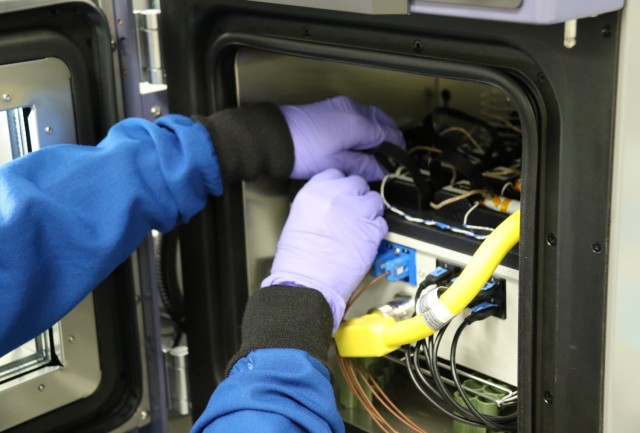 An Army C5ISR Center engineer researches batteries at Aberdeen Proving Ground, Maryland, in June 2025.