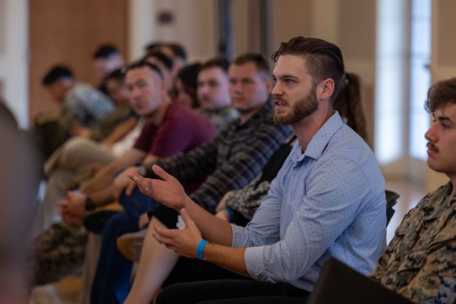 An event attendee asks a question during a SkillBridge event at Marine Corps Base Camp Lejeune, N.C., Jan. 25, 2024.