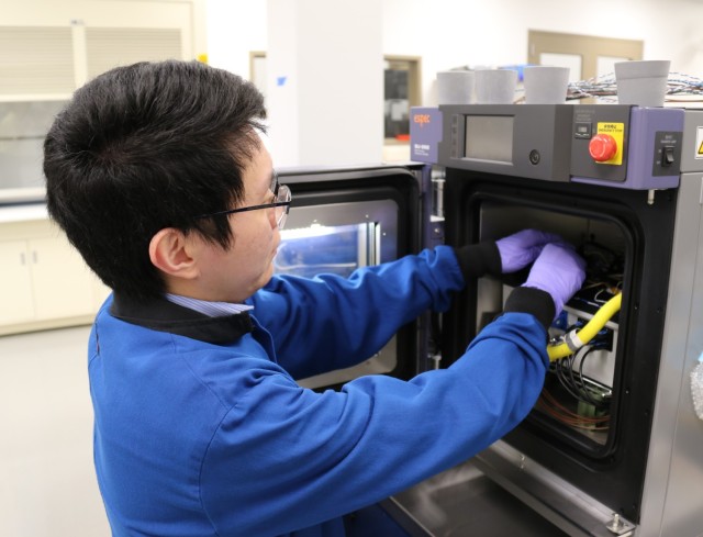 An Army C5ISR Center engineer researches batteries at Aberdeen Proving Ground, Maryland, in June 2025.