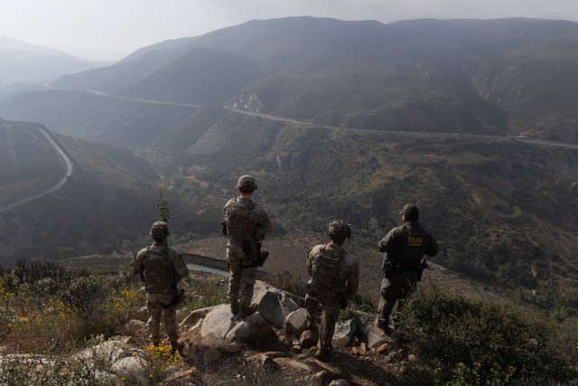U.S. Soldiers, assigned to the 549th Military Police company, 716th Military Police Battalion, 89th Military Police Brigade, under Joint Task Force-Southern Border (JTF-SB), conduct a joint patrol alongside a U.S. Customs and Border Protection...