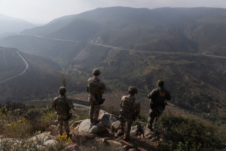 U.S. Soldiers, assigned to the 549th Military Police company, 716th Military Police Battalion, 89th Military Police Brigade, under Joint Task Force-Southern Border (JTF-SB), conduct a joint patrol alongside a U.S. Customs and Border Protection...