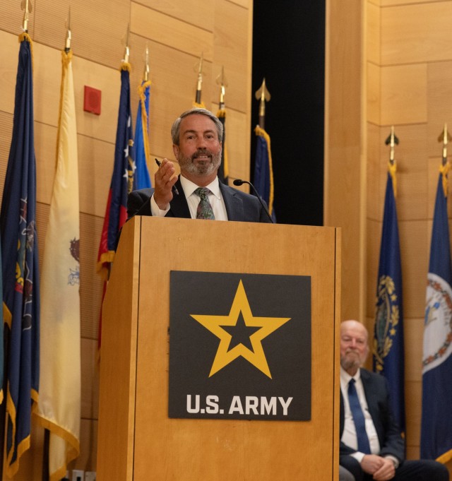 Mike Trzeciak, outgoing PM PNT project manager, provides remarks during a change of charter ceremony on Aberdeen Proving Ground.
