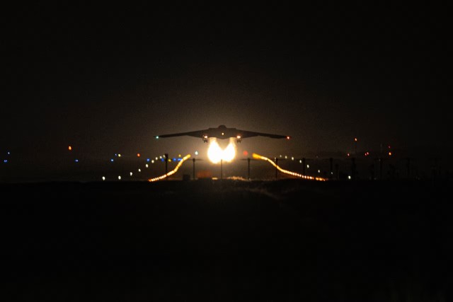 An Air Force B-2 Spirit takes off at Whiteman Air Force Base, Mo., in support of Operation Midnight Hammer, June 21, 2025.