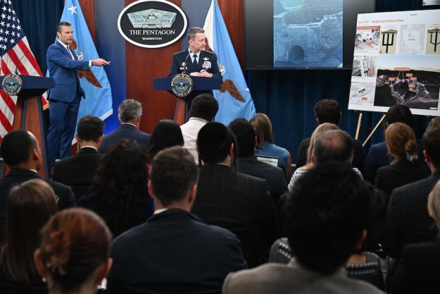 Defense Secretary Pete Hegseth and Air Force Gen. Dan Caine, chairman of the Joint Chiefs of Staff, conduct a press briefing at the Pentagon, June 26, 2025.