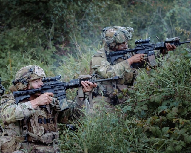 Paratroopers assigned to the 173rd Airborne Brigade attack opposing forces during a final battle as part of exercise Saber Junction 24 on 13 September 2024.