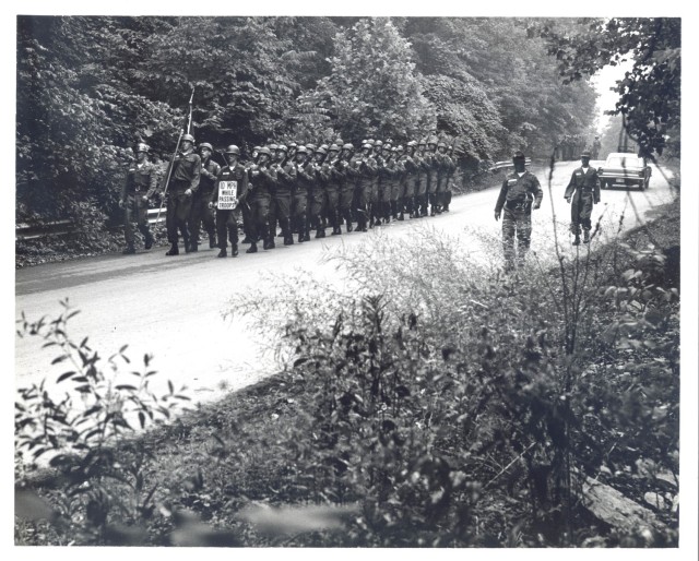 Reserve Officer Training Corps cadets march during Basic Camp at Fort Knox, Kentucky in 1965.