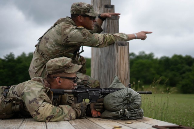 Cadet Skyler Shockey from 2nd Regiment, Advanced Camp, qualifies with an M4 carbine rifle during weapons qualification on Fort Knox, Ky., June 14, 2025. The qualification assesses Cadets’ ability to hit targets up to 300 meters away. To pass...