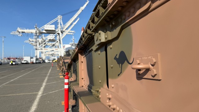The kangaroo logo is a symbol of the Australian Military and is painted on the side of a joint assault bridge waiting to be loaded onto a vessel at the Port of Oakland.