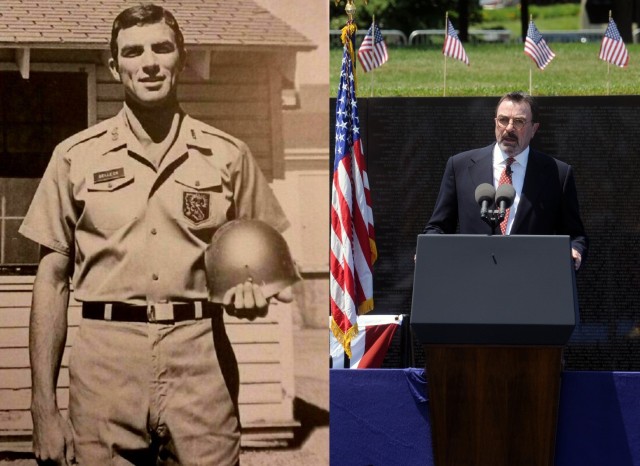 Left: Actor Tom Selleck as a member of the California Army National Guard. Right: Selleck speaking at the Vietnam Veterans Memorial in 2012.