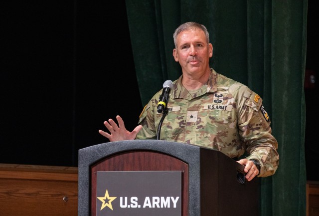 Brig. Gen. Robert Born, the U.S. Army Combat Capabilities Development Command, or DEVCOM, commanding general, delivers a welcome speech to participants of the DEVCOM change of command ceremony June 27, 2025, at Aberdeen Proving Ground, Maryland....