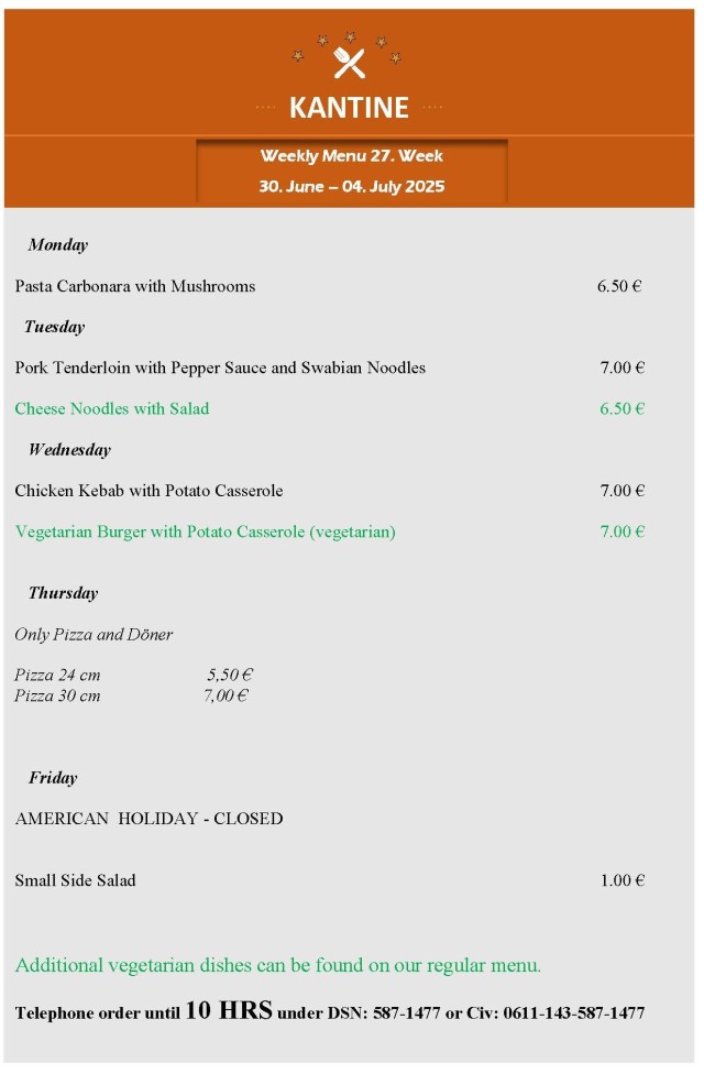Kantine Menu: June 30 - July 4