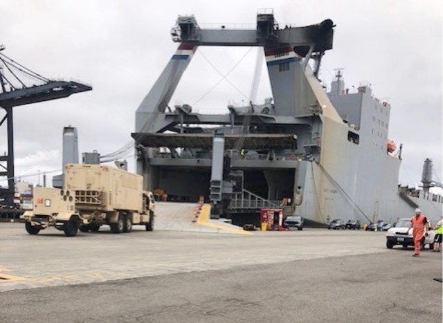 A military vehicle waits to be loaded onto a vessel in July 2023. (Photos courtesy of the 833rd Transportation Battalion)