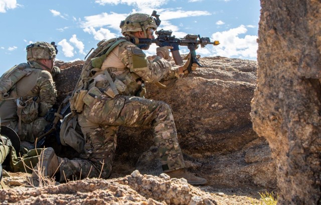 Soldiers assigned to 2nd Squadron, 3rd Cavalry Regiment pull security during Decisive Action Rotation 23-09 at the National Training Center, Fort Irwin, CA, on 12 August 2023. (Photo by SSG Miguel Peña)
