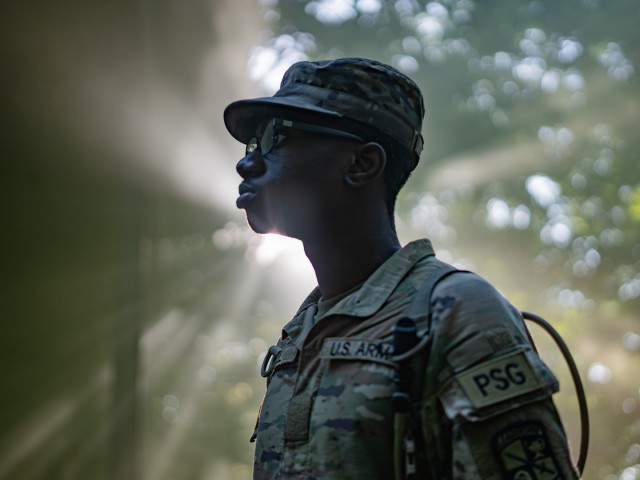 Cadet Riley Snell, 2nd Regiment, Advanced Camp, from Costal Carolina University, walks to a briefing during chemical, biological, radiological, nuclear (CBRN) training at Fort Knox, Ky., June 21, 2025. The training emphasized quick-response...